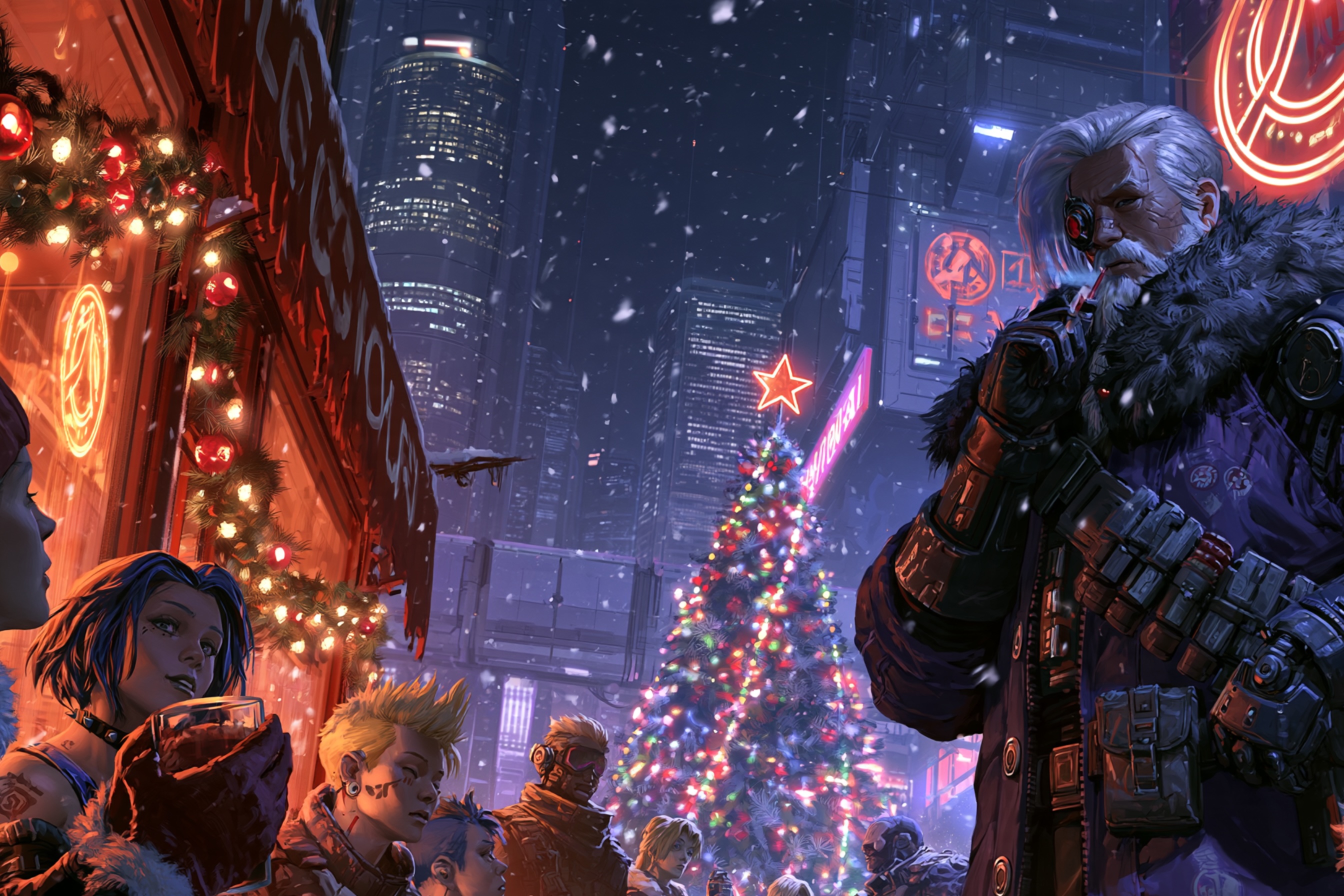 Santa with a gun standing on a busy street with a Chrismas tree in the backgrouns